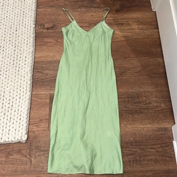 slim fit dress slacks Elodie Bias Maxi Slip Dress In Olive Green Polka Dots – MONO BÍAS main image 1